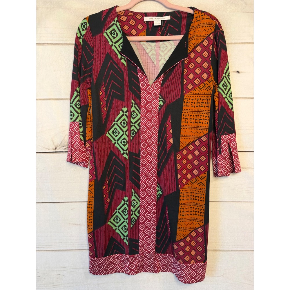 Diane von Furstenberg DVF Silk Jersey Geometric Print Tunic Dress Red Orange 4